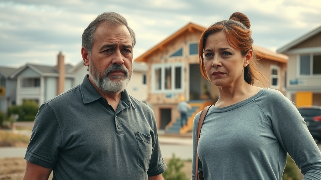 Frustrated Bay Area homeowners reviewing slow-moving ADU builders East Bay project with idle workers and unfinished accessory dwelling unit