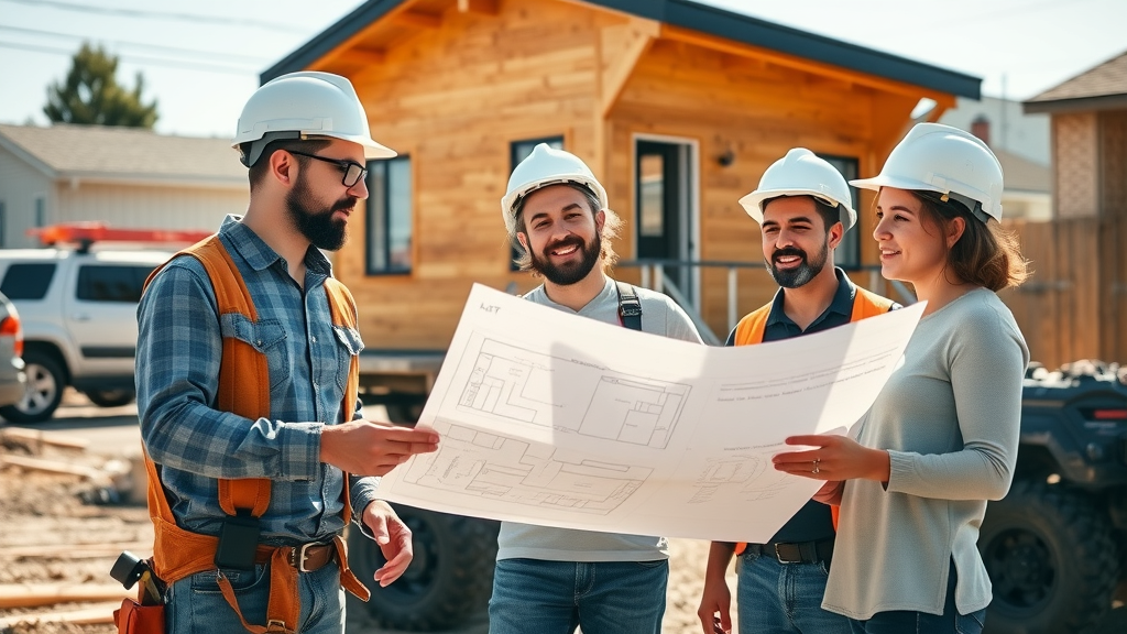 Modern ADU builder team discussing blueprints for an accessory dwelling unit in an East Bay neighborhood, showcasing ADU builders East Bay collaboration