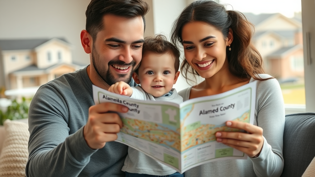 Hopeful family in Alameda County reviewing affordable housing listings, photorealistic, 50mm lens, earthy colors