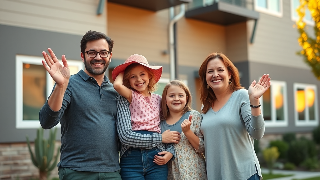 Joyful family in front of modern affordable housing in Contra Costa County, photorealistic, golden hour lighting, 35mm lens