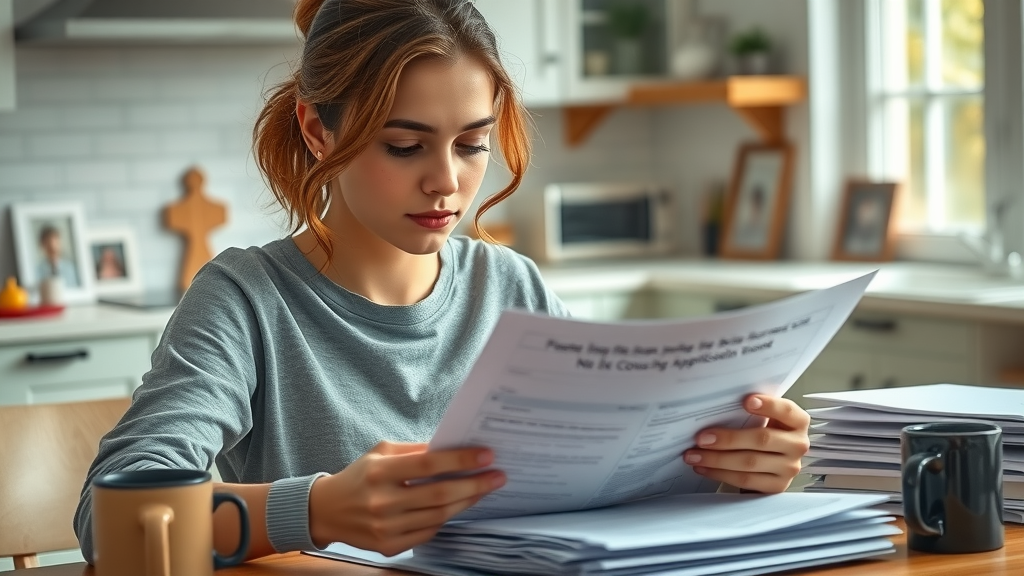 Thoughtful young woman organizing documents for affordable housing East Bay application, kitchen table, 28mm lens, natural light