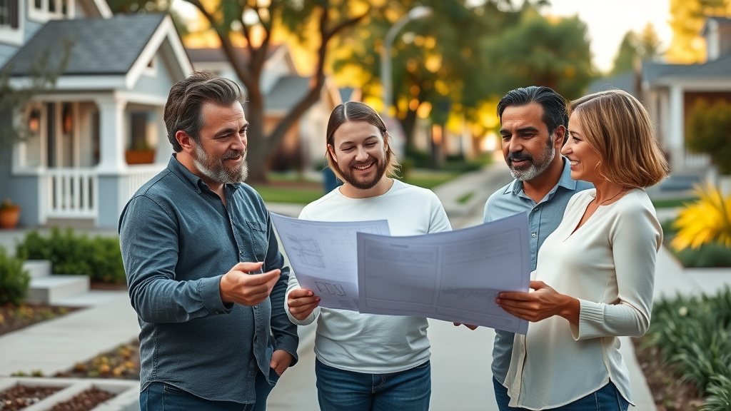 modern East Bay neighborhood, homeowners reviewing ADU blueprints, residential street, California bungalows, greenery