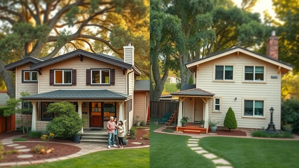 Backyard with one-story detached ADU and attached ADU, families interacting, clear difference in ADU structures
