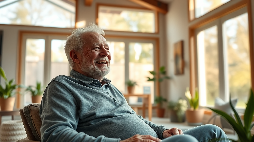 joyful senior homeowner in modern detached ADU living room, sunlight streaming through windows, cozy sustainable interior East Bay