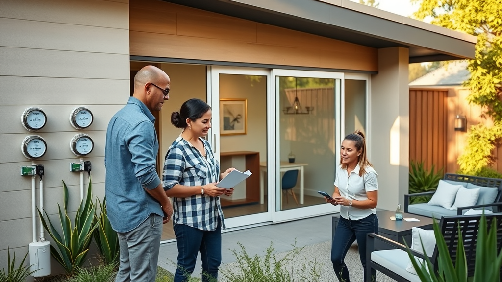 modern East Bay ADU with smart utility meters, family consulting with contractor, smart backyard with seating and native plants