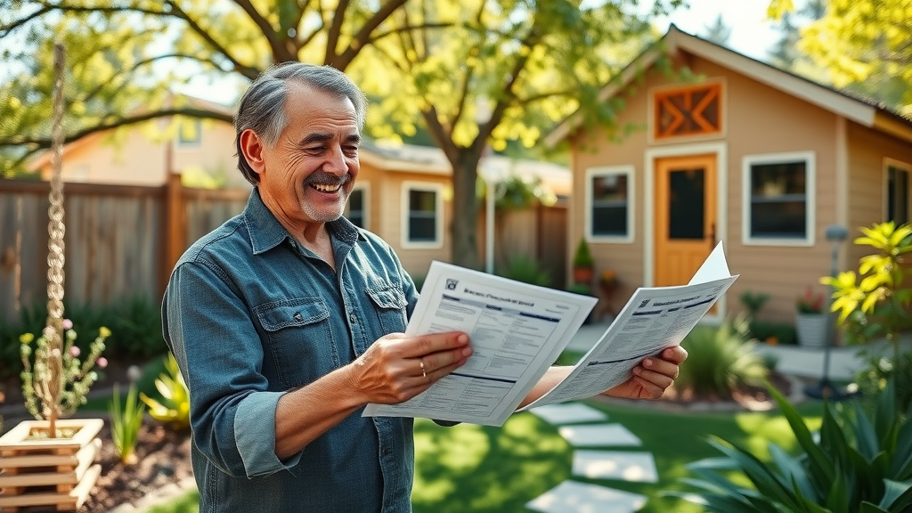 confident East Bay homeowner reviewing completed ADU project, compliance checklist, sustainable backyard landscaping