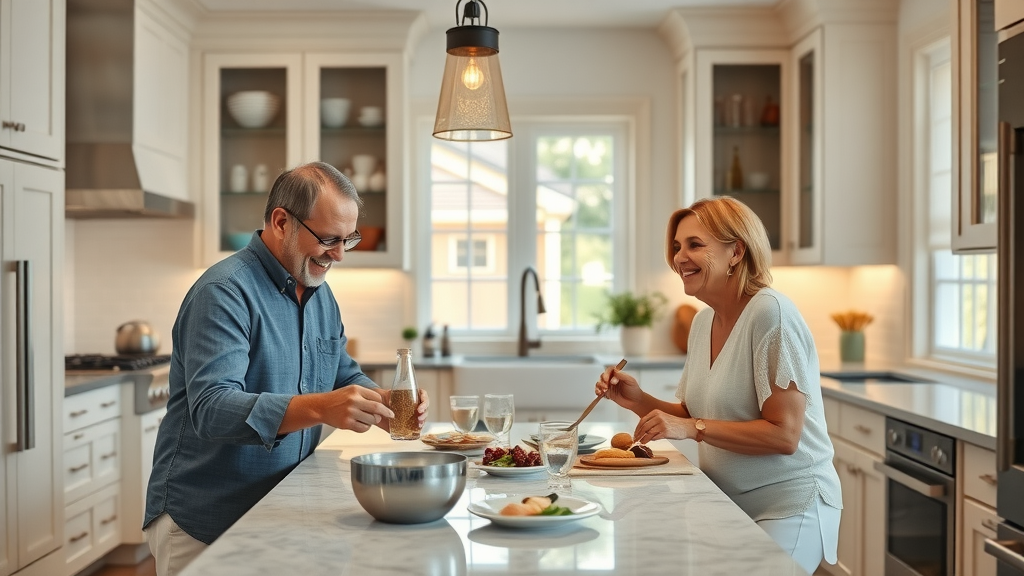 Inviting Lafayette kitchen, radiant and elegantly renovated, homeowners smiling, enjoying a meal together in a contemporary setting with quartz countertops and modern cabinetry