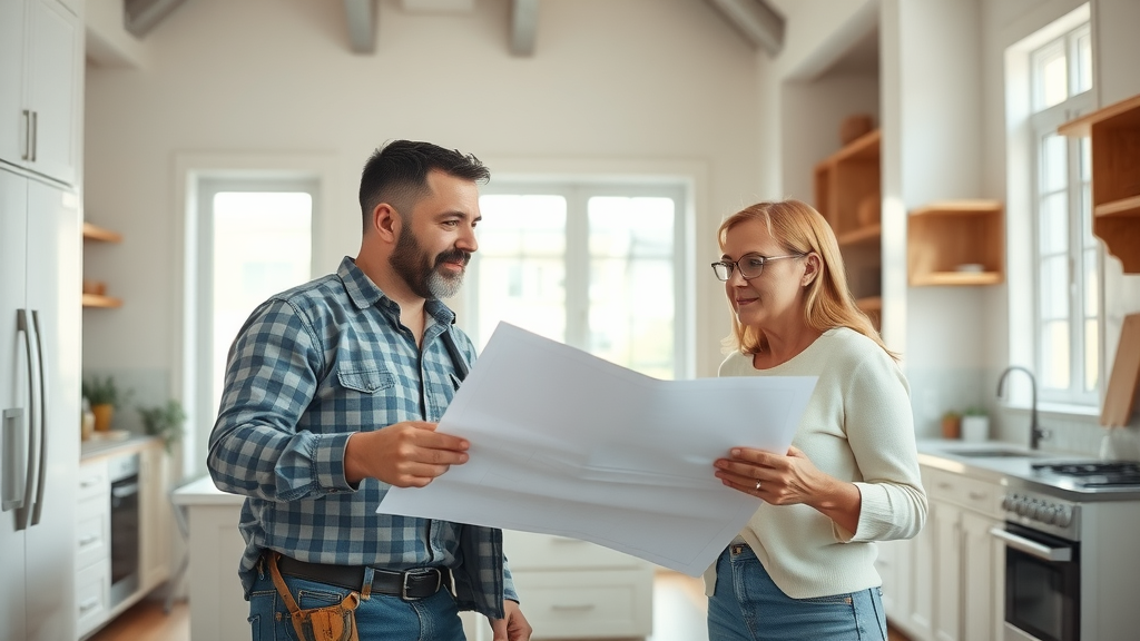 Bright modern kitchen during remodeling with contractor and homeowner reviewing design plans, open concept kitchen with exposed cabinetry and highly detailed tools and materials