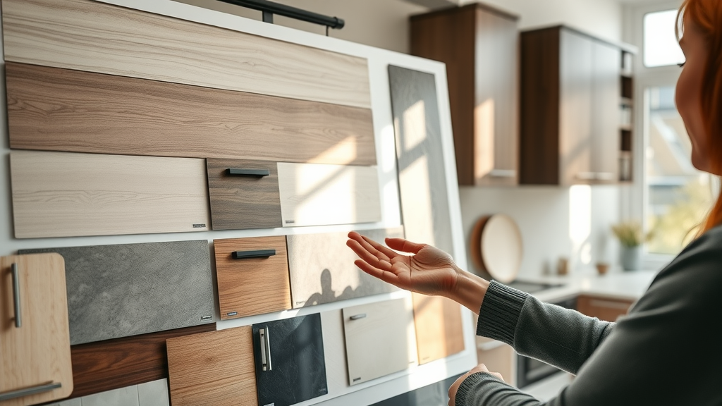 Sophisticated kitchen design board with samples of cabinetry and countertop materials, designer gesturing toward selections in a bright Lafayette interior design studio