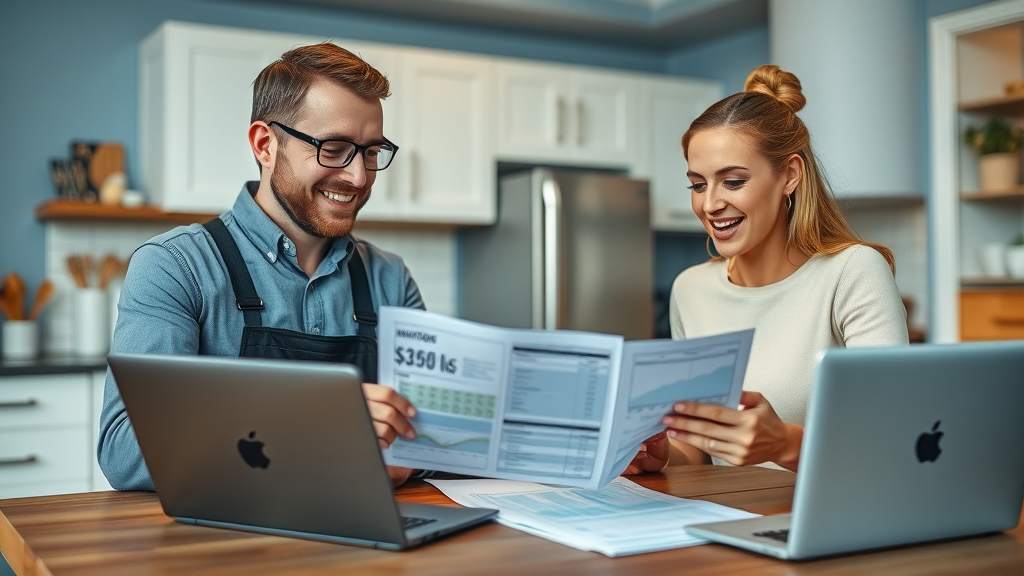 Professional contractor at a Lafayette home reviewing kitchen renovation budget with a couple in a calm, cozy kitchen, optimistic atmosphere