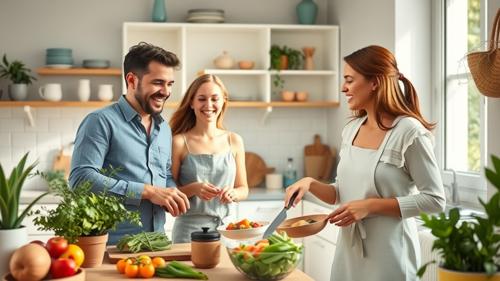 Happy Lafayette family in their newly renovated kitchen preparing food together, stylish and airy kitchen with plants and natural light