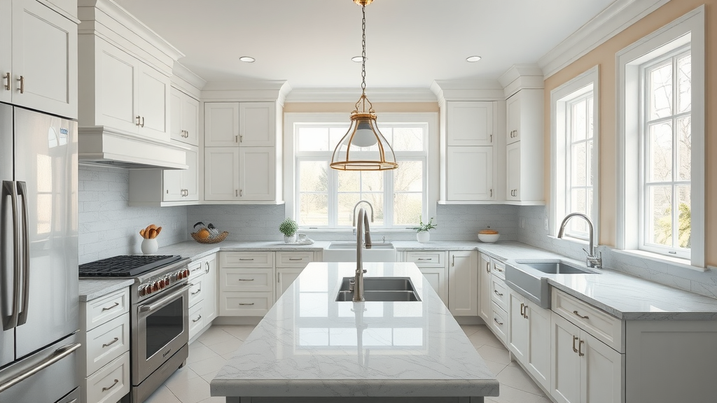 Stunning Lafayette kitchen after renovation featuring gleaming appliances, chic marble countertops, and a wide-angle view of a bright, uncluttered space with tasteful décor