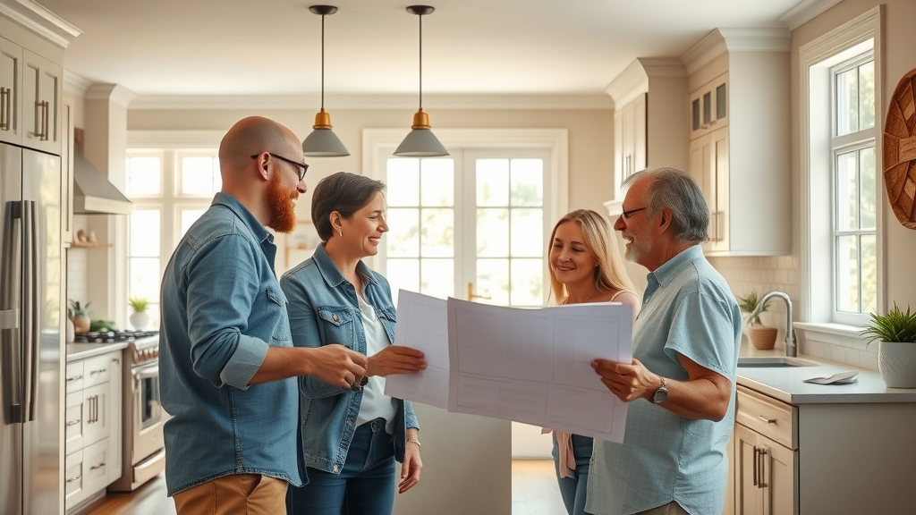 modern Lafayette kitchen interior, spacious and inviting, homeowners discussing renovation plans, renovation blueprints and samples visible, sunlit kitchen - lafayette kitchen remodeling
