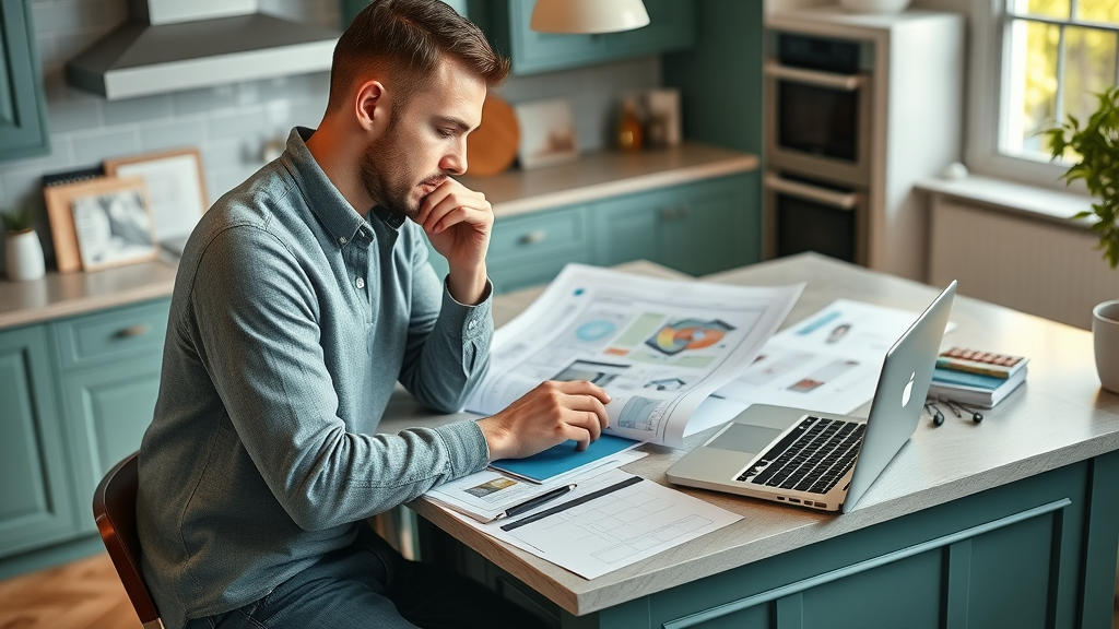 organized budgeting workspace, adult calculating Lafayette kitchen remodeling costs with plans and samples, highly detailed, budgeting for kitchen remodel