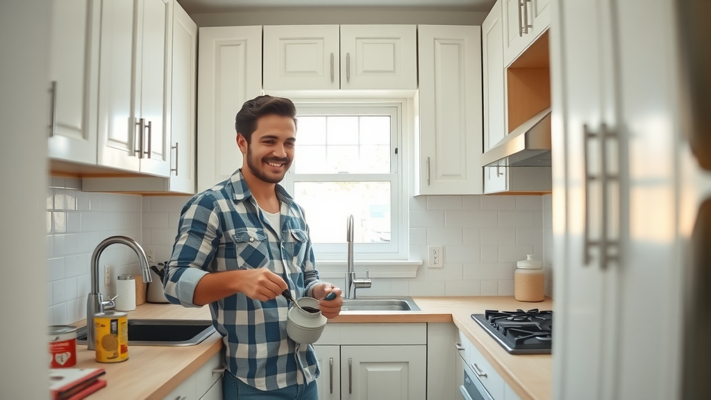 bright and compact Lafayette kitchen, budget upgrades with young couple painting cabinets, affordable Lafayette kitchen remodeling