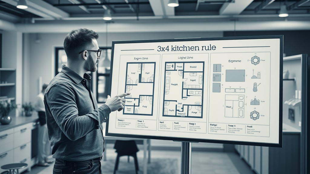 3x4 kitchen rule diagram, ergonomic kitchen zones in Lafayette kitchen design, professional designer explaining optimal kitchen workflow