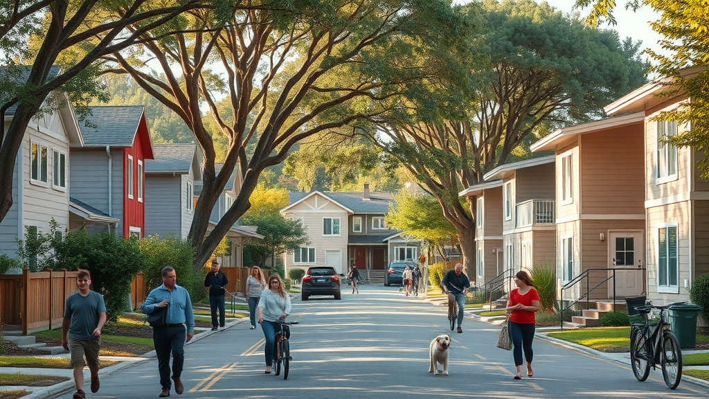 Modern East Bay neighborhood with diverse accessory dwelling units, vibrant community atmosphere
