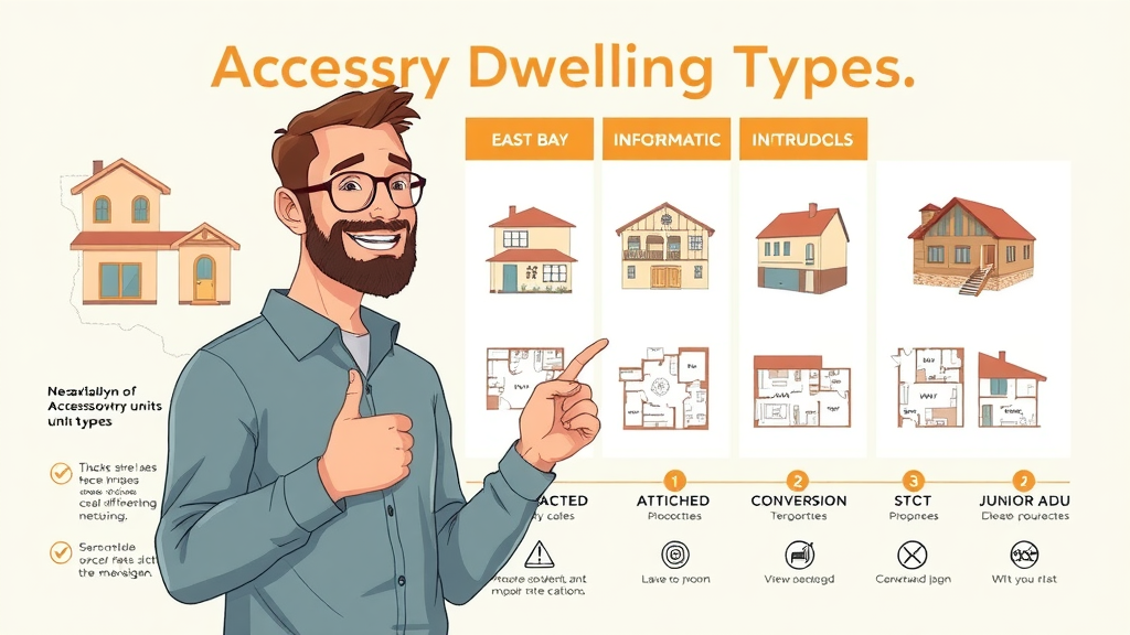 Breakdown of accessory dwelling unit types and floorplans, East Bay map highlighting detached, attached, conversion, and junior ADUs