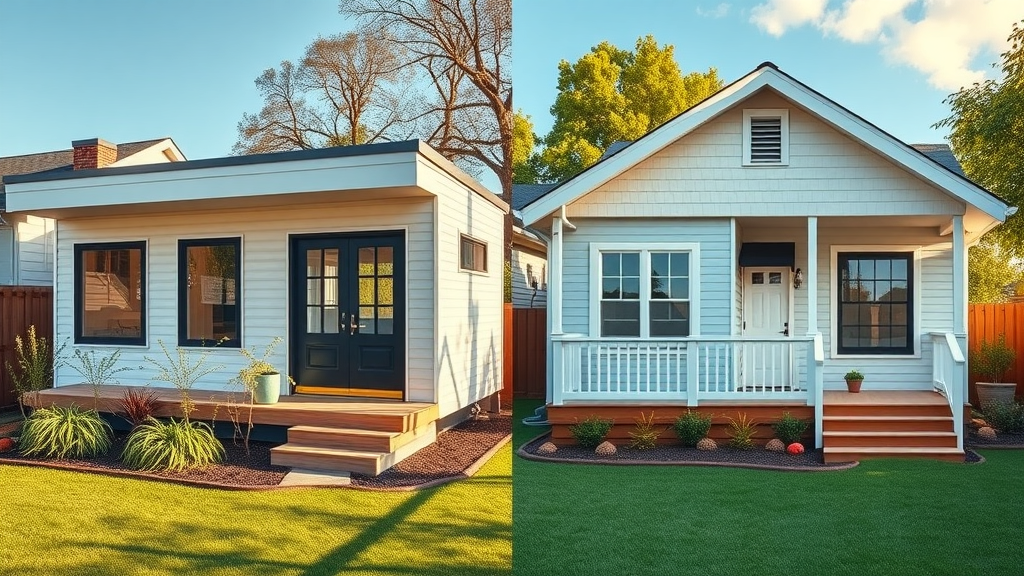 Side-by-side comparison of modern prefab and traditional custom-built accessory dwelling units in East Bay backyard