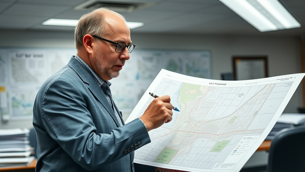 City planning official reviewing East Bay zoning maps for accessory dwelling units