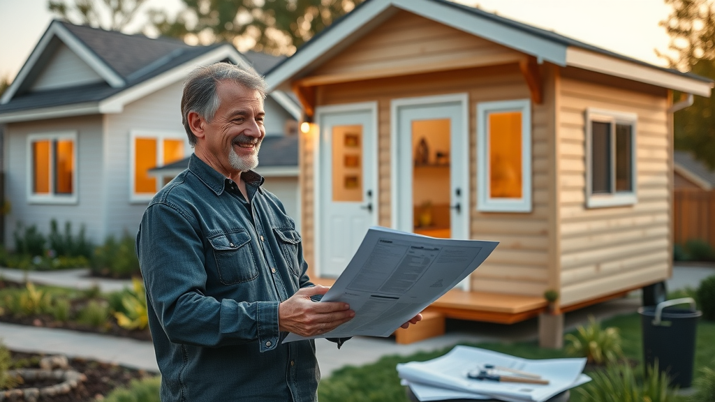 modern detached ADU with smiling homeowner beside a tiny house-style structure, discussing plans, background showing main home and landscaped yard with blueprints and gardening tools, main keyword: accessory dwelling unit in the bay area