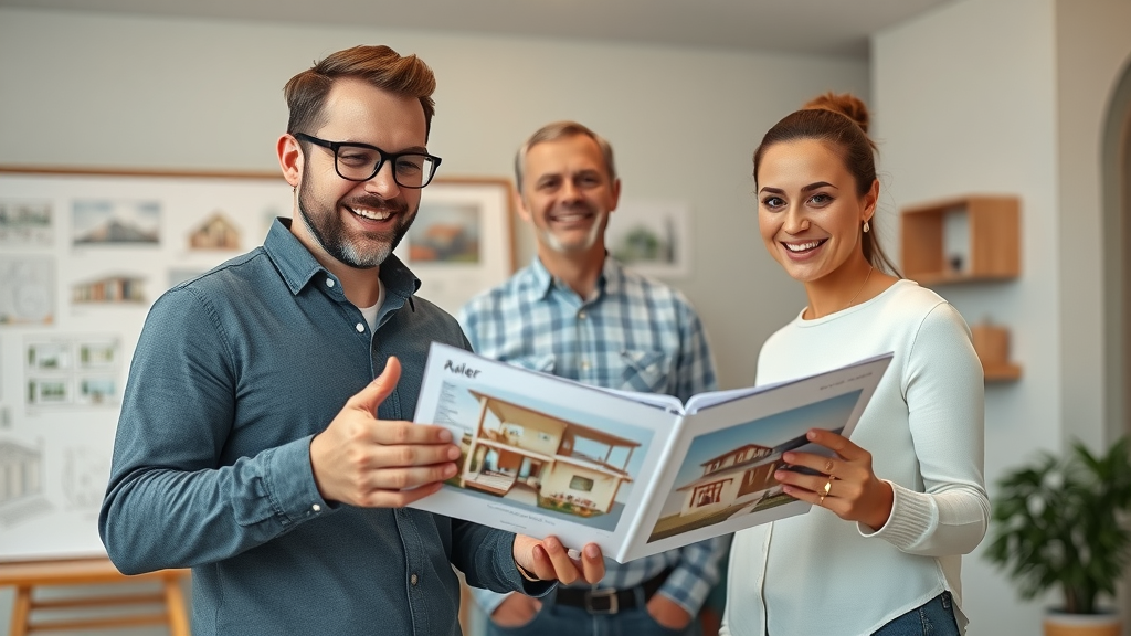 professional ADU builder reviewing project portfolio with couple in an office, design boards and ADU model, highly detailed and natural, main keyword: adu builder in the east bay