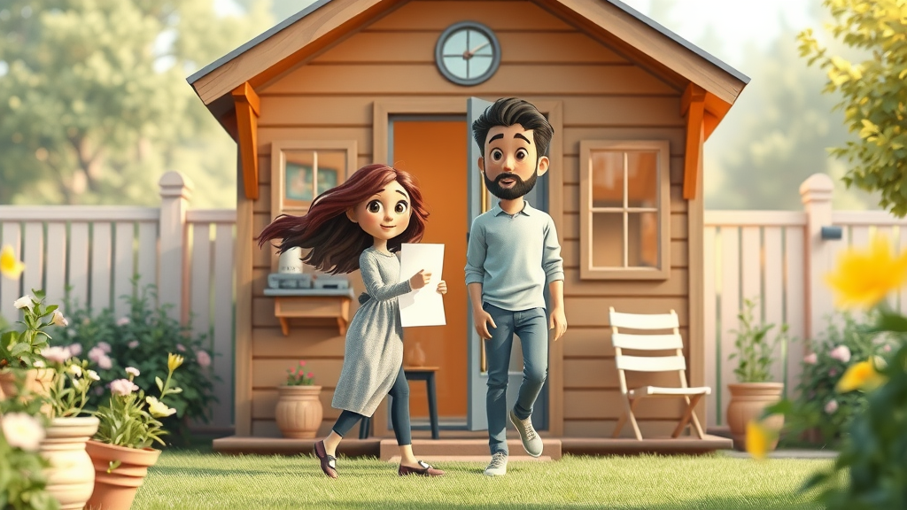 cozy tiny house ADU, budget-friendly, young couple entering, with a blooming garden and compact outdoor seating, main keyword: affordable adus builds in the east bay