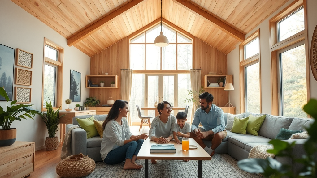 modern ADU interior with a bright atmosphere, family enjoying a multifunctional living space, modular furniture and green accents, main keyword: modern tiny house adu design east bay