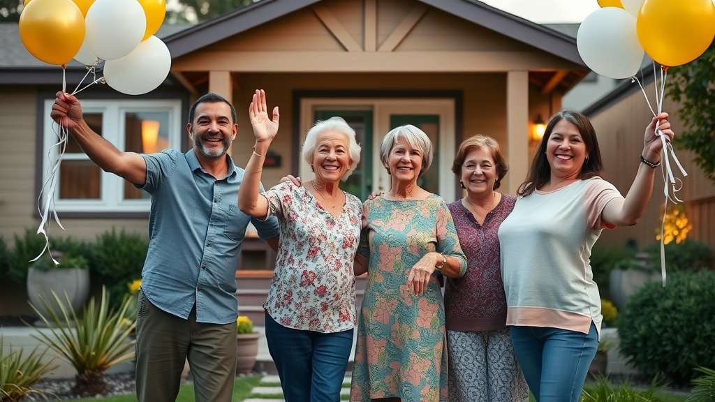 happy multigenerational family celebrating outside their ADU in the East Bay with balloons and newly added unit, showcasing pride and success for adus builds in the east bay