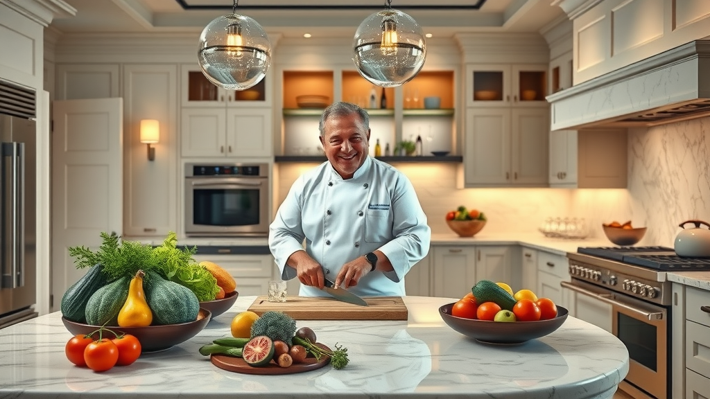 luxury kitchen in lafayette, polished marble island, chef preparing gourmet meal, upscale kitchen design, bright lighting, state-of-the-art appliances