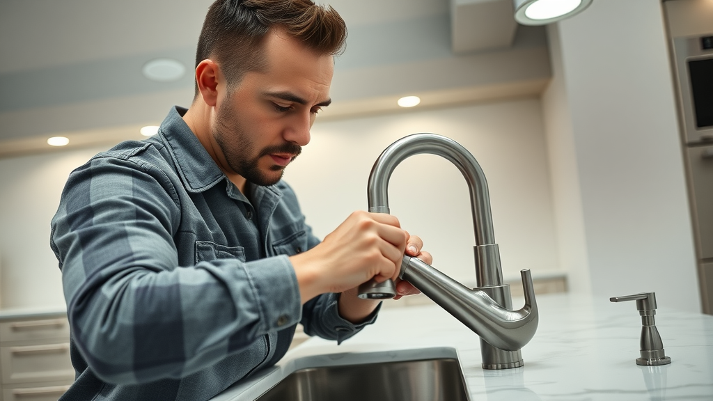 professional installer fitting designer faucet in modern lafayette kitchen, quartz counters, stainless fixtures, upscale look