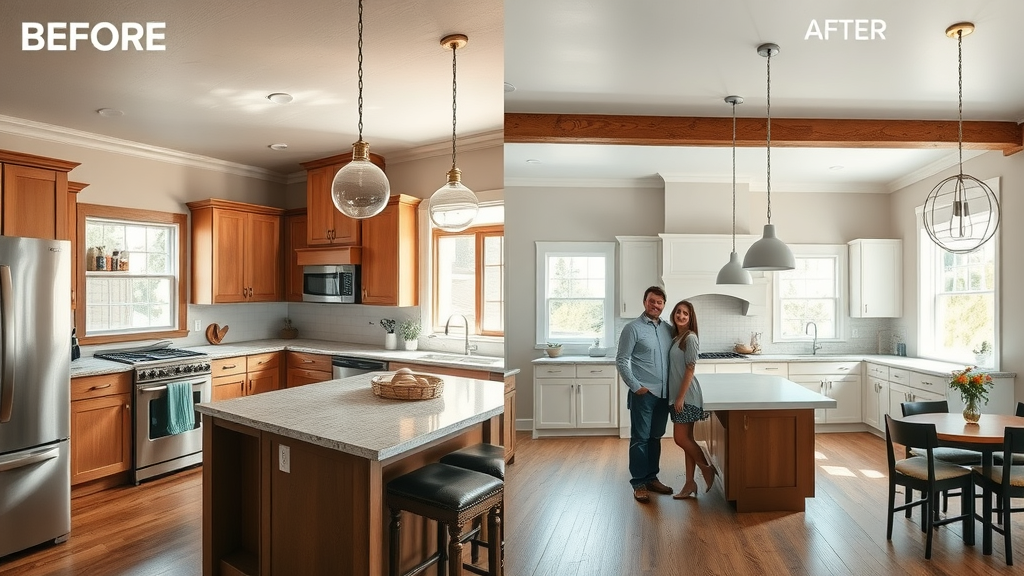 before and after lafayette kitchen remodel, side-by-side transformation, modern kitchen design lafayette with open plan and pendant lighting