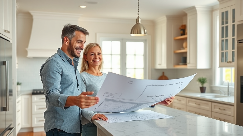 modern Lafayette kitchen, satisfied homeowner couple reviewing renovation plans with kitchen remodeling contractors Lafayette, bright updated kitchen, blueprints on island, natural sunlight