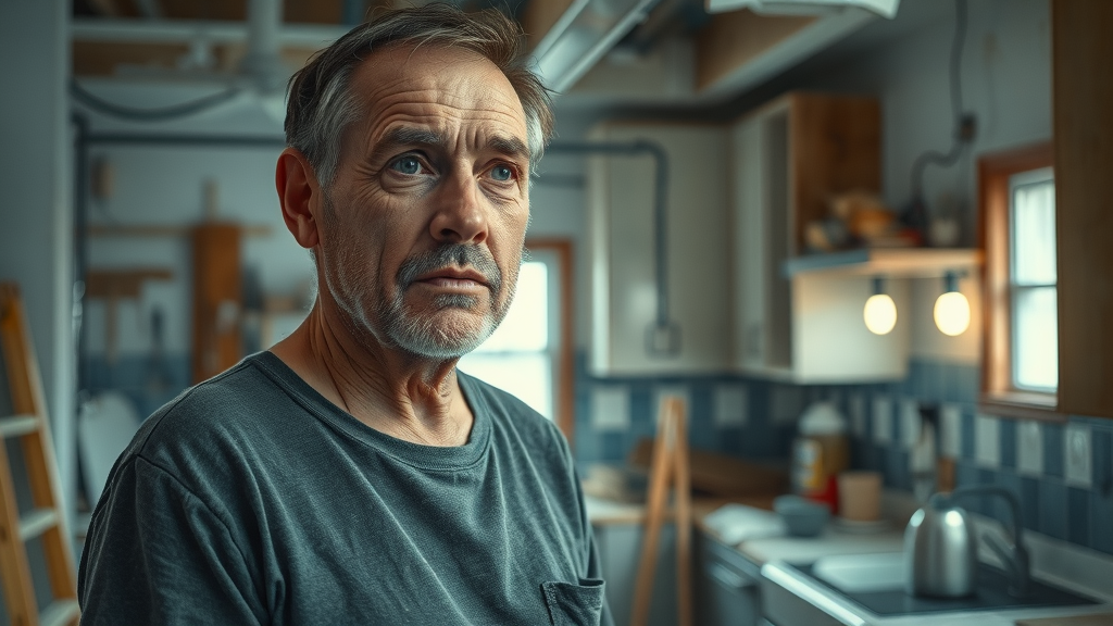 frustrated homeowner observing unfinished kitchen by unreliable kitchen remodeling contractors Lafayette, cluttered construction scene, exposed wires, cool tones