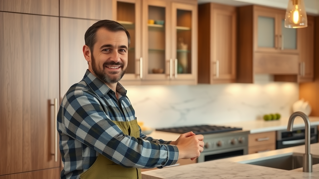 kitchen remodeling contractors Lafayette installing custom cabinetry in modern Lafayette kitchen, wood and stone finishes, expert attention to detail