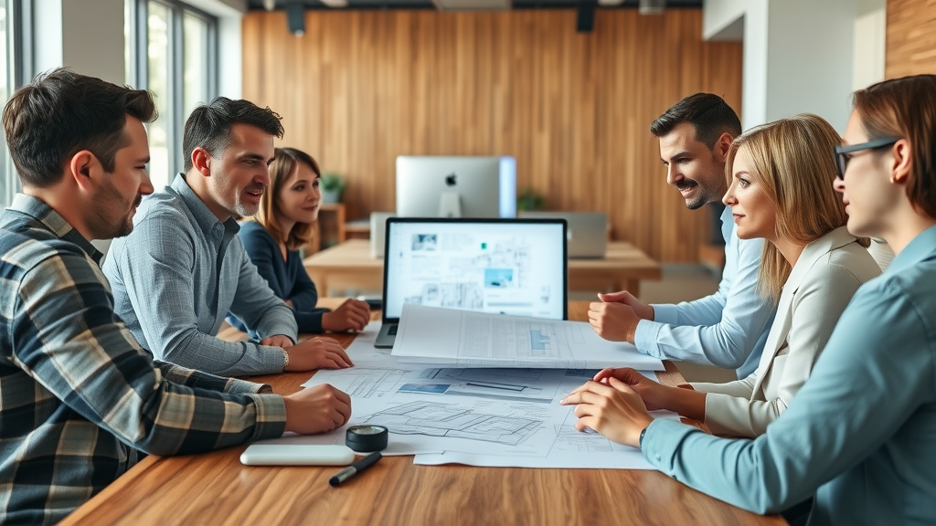 remodeling team reviewing project plans around table, kitchen remodeling contractors Lafayette collaborating in modern office, project management discussion
