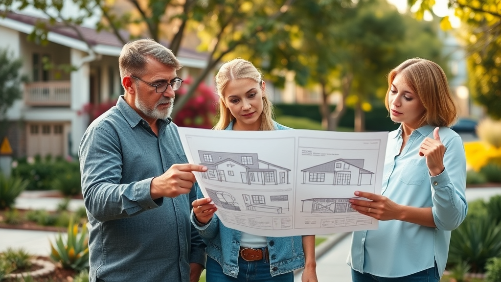 Modern East Bay residential street, concerned homeowners reviewing ADU construction blueprints, focused expressions, pointing at architectural plans, Photorealistic High Fidelity Lifelike, lush Californian neighborhood background with blooming plants and tidy yards, highly detailed, wind gently moving foliage, shallow depth of field, warm earthy tones, natural daylight, shot with a 35mm camera lens.