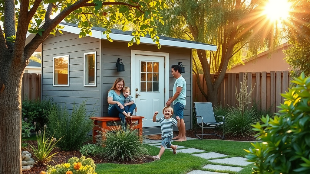 Charming small backyard ADU, family enjoying new living space, smiling and relaxed, children playing outside, Photorealistic High Fidelity Lifelike, landscaped suburban East Bay garden with native flora, highly detailed, sunlight streaming through trees, vibrant greenery, golden hour light, shot with a 50mm camera lens.