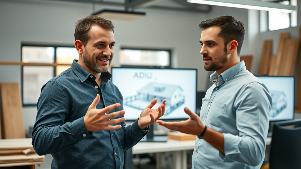 Professional ADU builder presenting digital 3D model to East Bay homeowners, collaborative and confident, explaining with gestures, Cinematic, interior office setting with construction materials and digital monitors, highly detailed, dynamic hand movements, cool neutral palette, LED-lit office with daylight, shot with a 24mm camera lens.