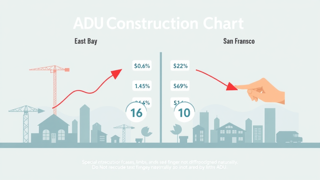 Infographic chart comparing ADU construction costs in East Bay and San Francisco, clean and professional, focused on chart interaction, 2D Cartoon, neutral solid color background with construction icons and Bay Area skyline silhouette, highly detailed, dynamic arrows and highlights, pastel blues and greys, bright even lighting, shot as a digital vector render.