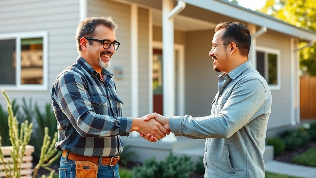 Experienced contractor shaking hands with client outside a completed ADU, confident and trustworthy expressions, smiling, bright, Photorealistic High Fidelity Lifelike, modern East Bay home exterior with manicured yard, highly detailed, subtle wind ruffling clothing, crisp natural colors, midday sunlight, shot with an 85mm camera lens.