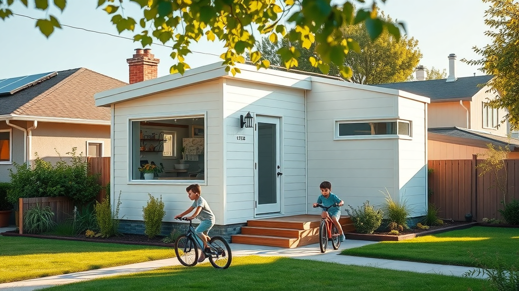 Newly completed modern ADU with energy-efficient features, lush landscaping, sunlit, Photorealistic High Fidelity Lifelike, suburban Bay Area setting with eco-friendly touches and visible solar panels, highly detailed, kids riding bicycles, vibrant green and white exterior, soft morning light, shot with a 35mm camera lens.
