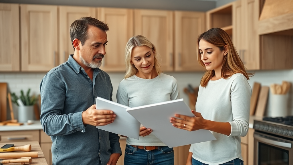 Informative modern Lafayette residential kitchen, homeowners discussing cabinet options with installer, kitchen cabinet installation Lafayette, partially installed kitchen with tools, decision-making interaction