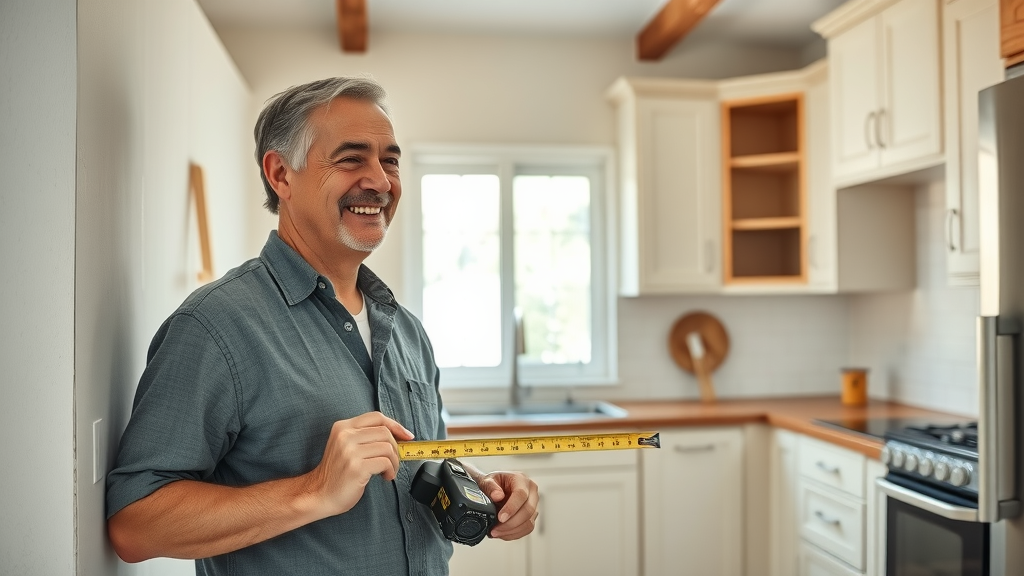 Bright Lafayette kitchen, contractor measuring wall for kitchen cabinet installation Lafayette, kitchen remodel planning, measuring tools and staged cabinets in background