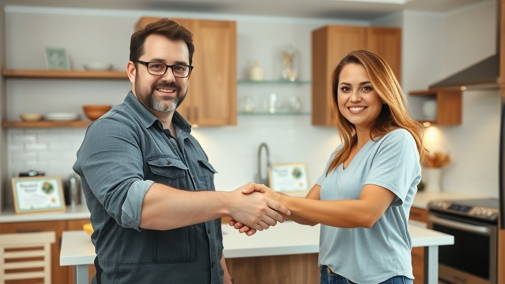 Professional contractor shaking hands with homeowners, completed Lafayette kitchen cabinets, kitchen cabinet installation Lafayette