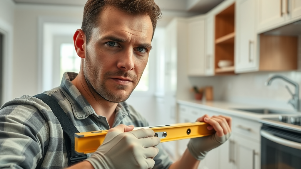Installer using level during kitchen cabinet installation Lafayette, new flooring, kitchen remodel closeup, kitchen cabinets alignment check
