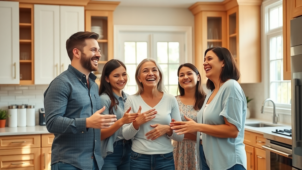 Inviting Lafayette family kitchen, family admiring new kitchen cabinets, kitchen cabinet installation Lafayette, joyful living space and pristine cabinets