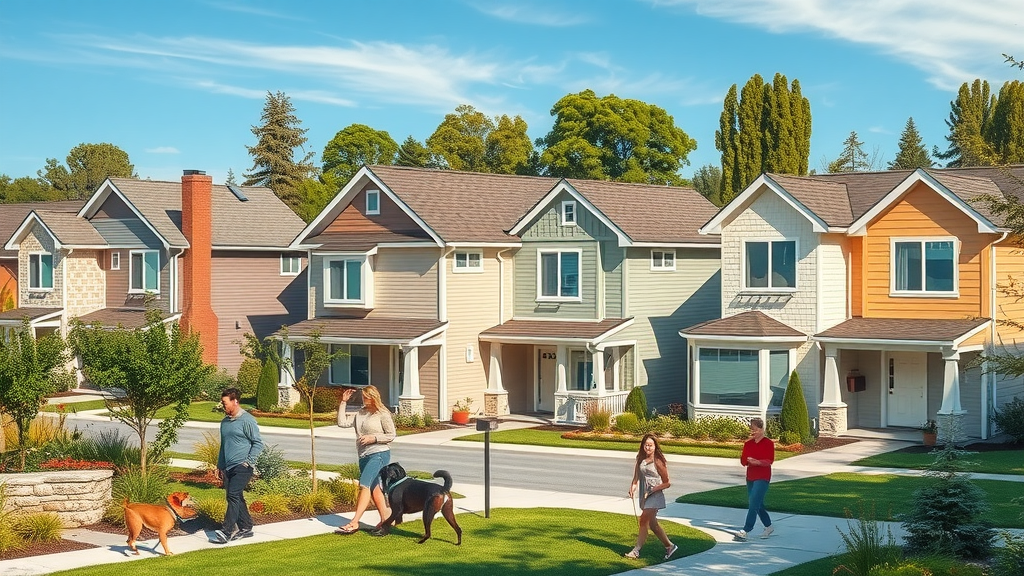 Modern suburban neighborhood with a variety of elegant accessory dwelling units nestled behind primary homes, cheerful families, lush landscaped gardens, and vibrant community.
