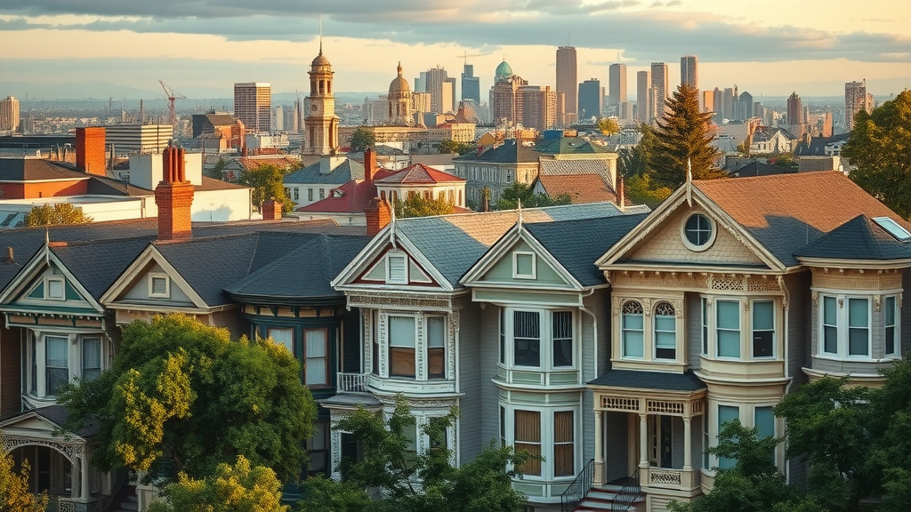 Historical urban area showing the evolution of homes with new, stylish accessory dwelling units added to older houses, blending old and new architectures.