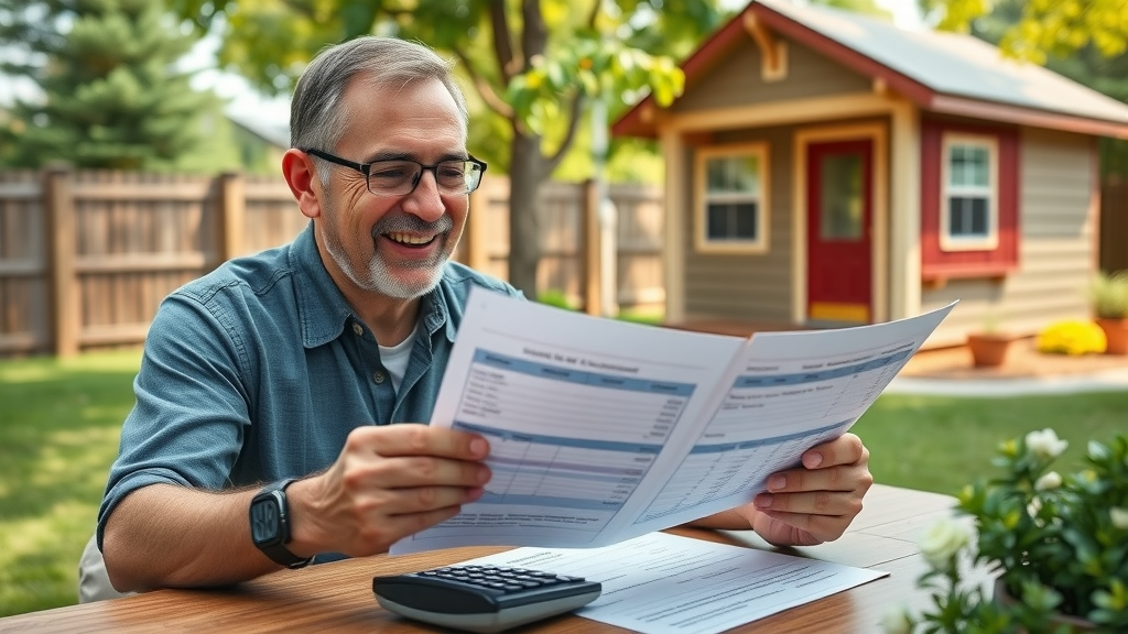 Confident homeowner reviewing rental income statements next to a new accessory dwelling unit, analyzing documents for extra income potential.